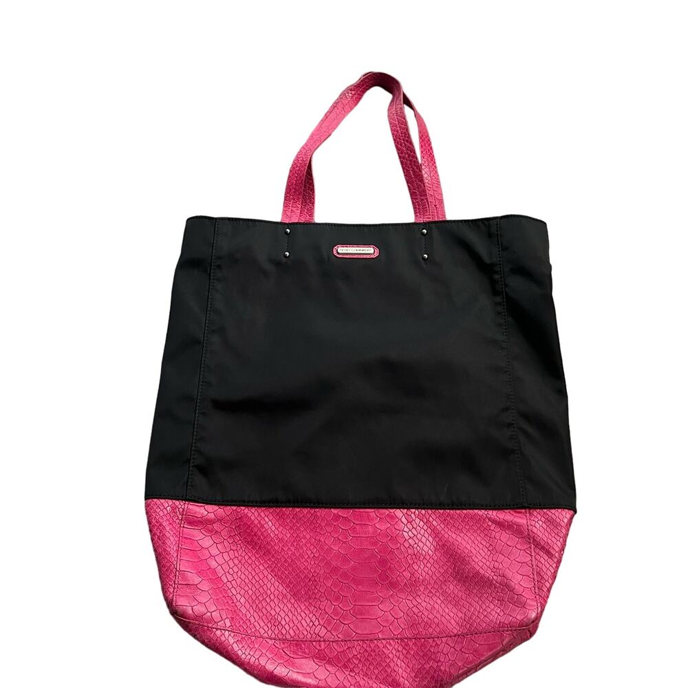 REBECCA MINKOFF Toki Tote Pink Snake Embossed Leather On Washable Nylon